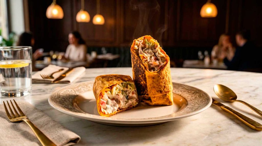 Toasted chicken shawarma wrap served at Mojo Hookah Lounge in Midtown Houston