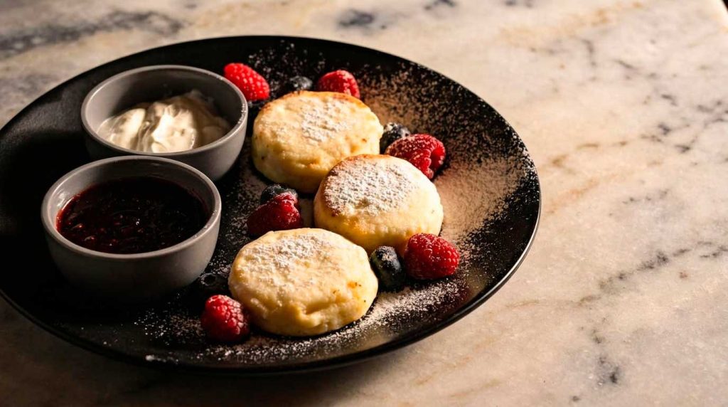 Authentic Syrniki cottage cheese pancakes served with fresh berries and jam at Mojo Houston